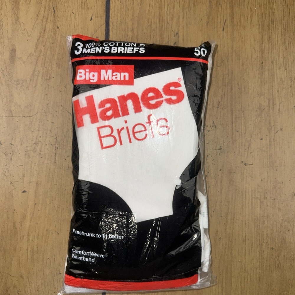 VTG 1988 Hanes White Briefs 3-100% Cotton Men's‎ Size 2X 46-48 made USA Big Man